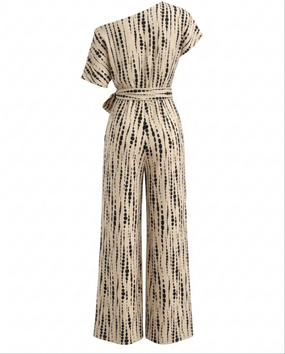 SOLACEBeige Printed One-Shoulder Belted Wide Leg Jumpsuit