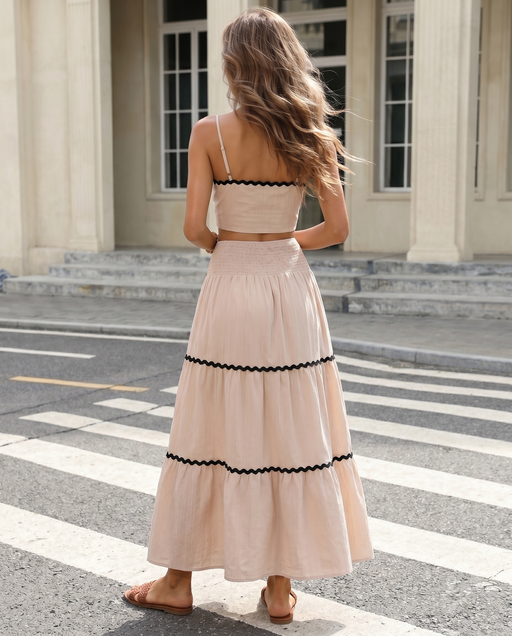 SOLACEBeige Ric Rac Trim Crop Top Tiered Maxi Skirt Set