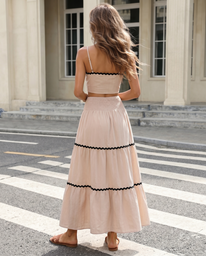 SOLACEBeige Ric Rac Trim Crop Top Tiered Maxi Skirt Set