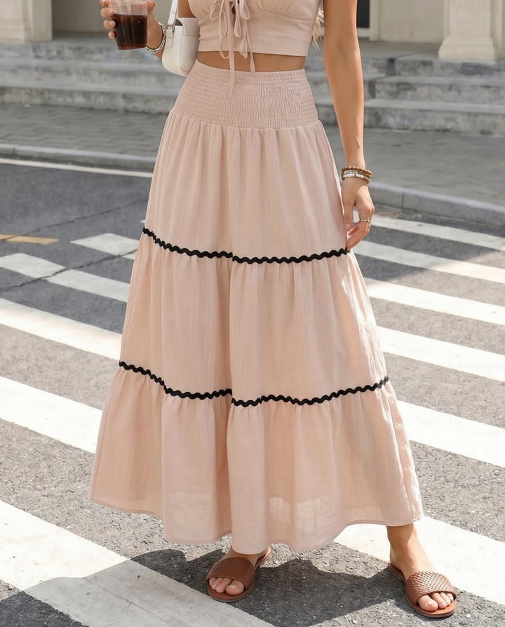 SOLACEBeige Ric Rac Trim Crop Top Tiered Maxi Skirt Set