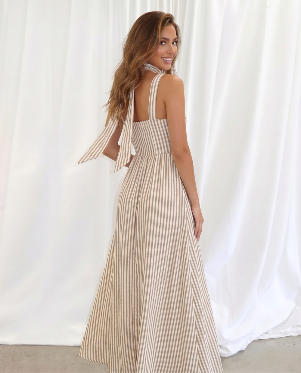 SOLACEBeige Stripe Square Neck Matching Scarf Strap Maxi Dress