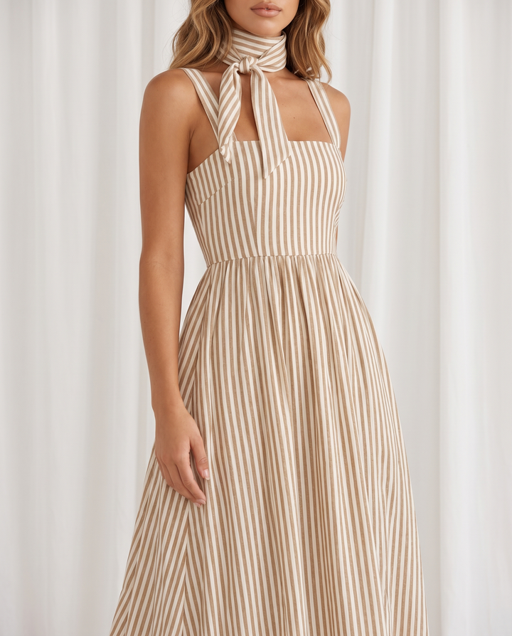 SOLACEBeige Stripe Square Neck Matching Scarf Strap Maxi Dress