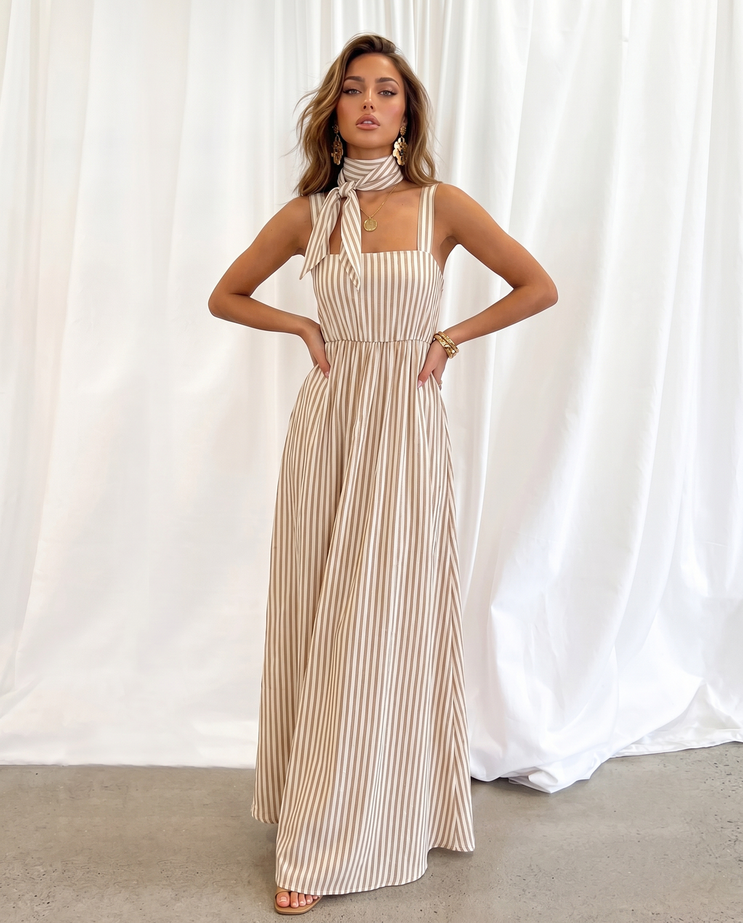 SOLACEBeige Stripe Square Neck Matching Scarf Strap Maxi Dress