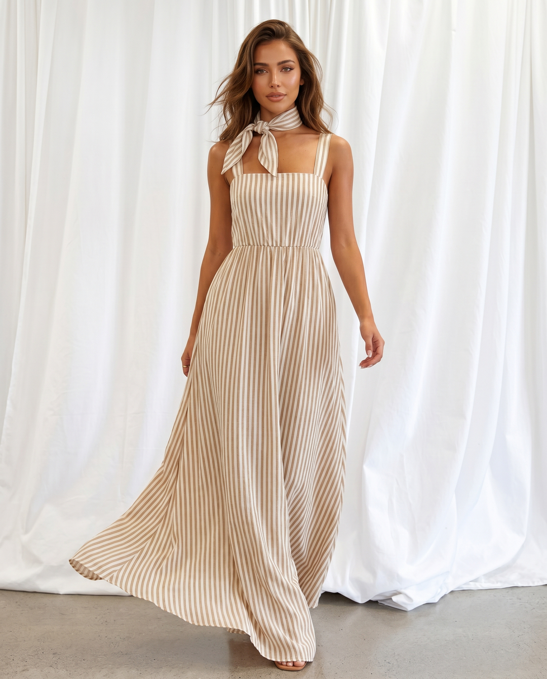 SOLACEBeige Stripe Square Neck Matching Scarf Strap Maxi Dress