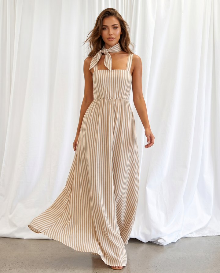 SOLACEBeige Stripe Square Neck Matching Scarf Strap Maxi Dress
