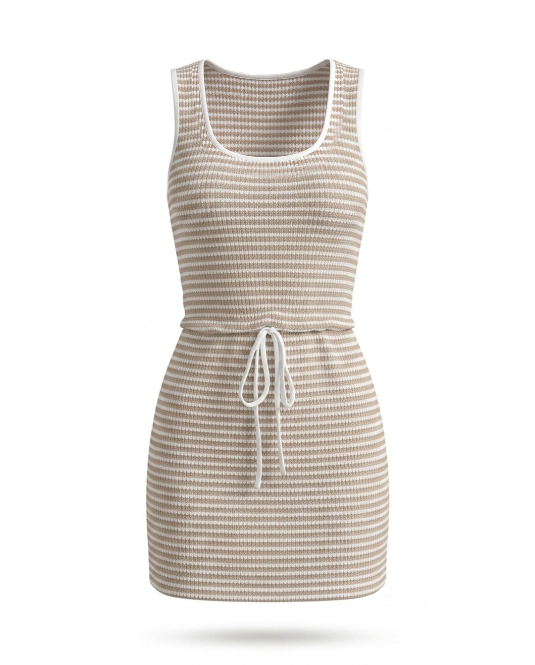 SOLACEBeige White Striped Waffle Knit Scoop Neck Drawstring Waist Mini Dress