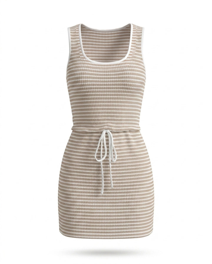 SOLACEBeige White Striped Waffle Knit Scoop Neck Drawstring Waist Mini Dress