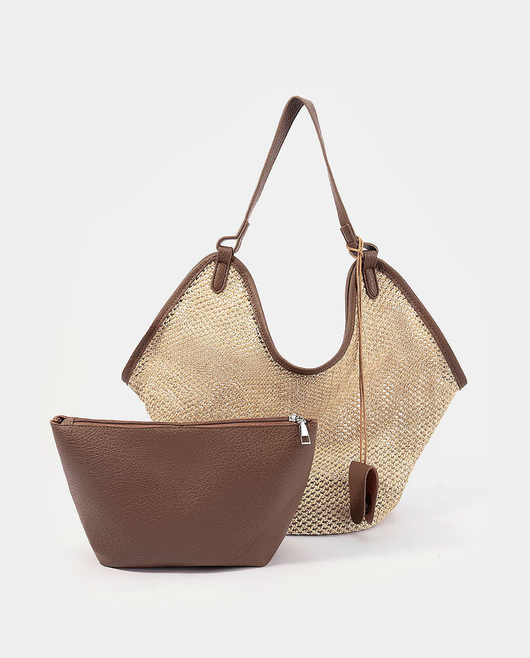 SOLACEBeige Woven Straw Brown Faux Leather Trim Hobo Tote Bag With Inner Pouch