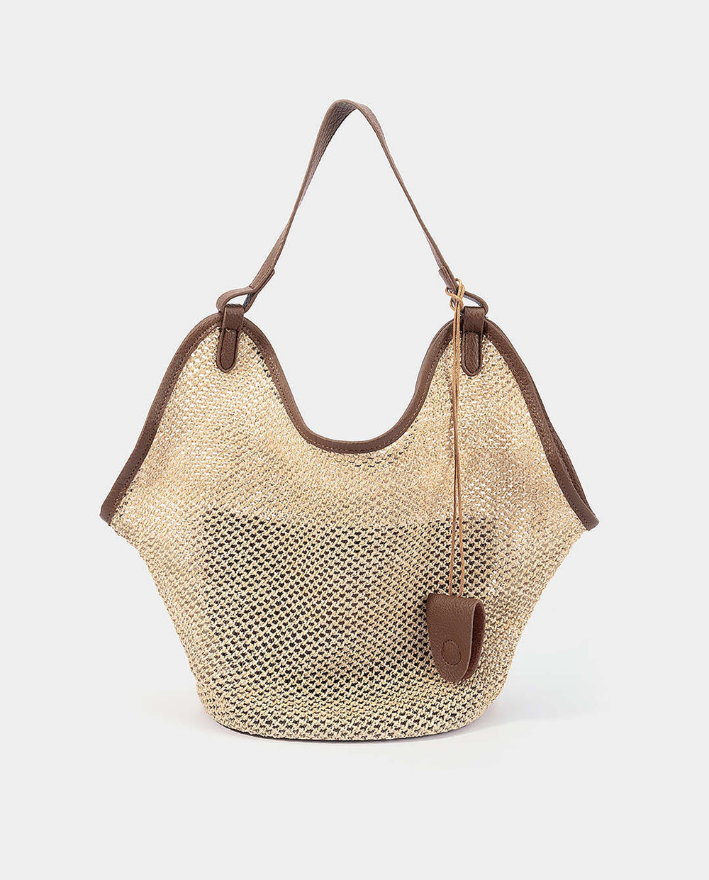 SOLACEBeige Woven Straw Brown Faux Leather Trim Hobo Tote Bag With Inner Pouch