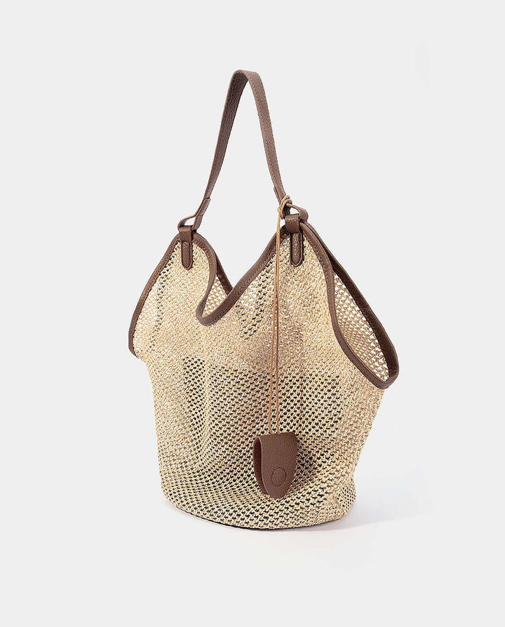 SOLACEBeige Woven Straw Brown Faux Leather Trim Hobo Tote Bag With Inner Pouch