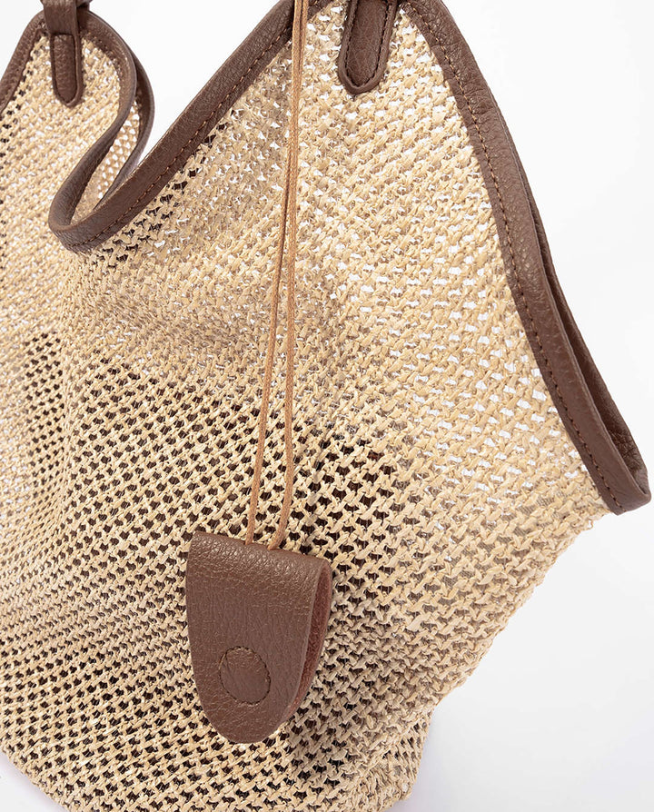 SOLACEBeige Woven Straw Brown Faux Leather Trim Hobo Tote Bag With Inner Pouch