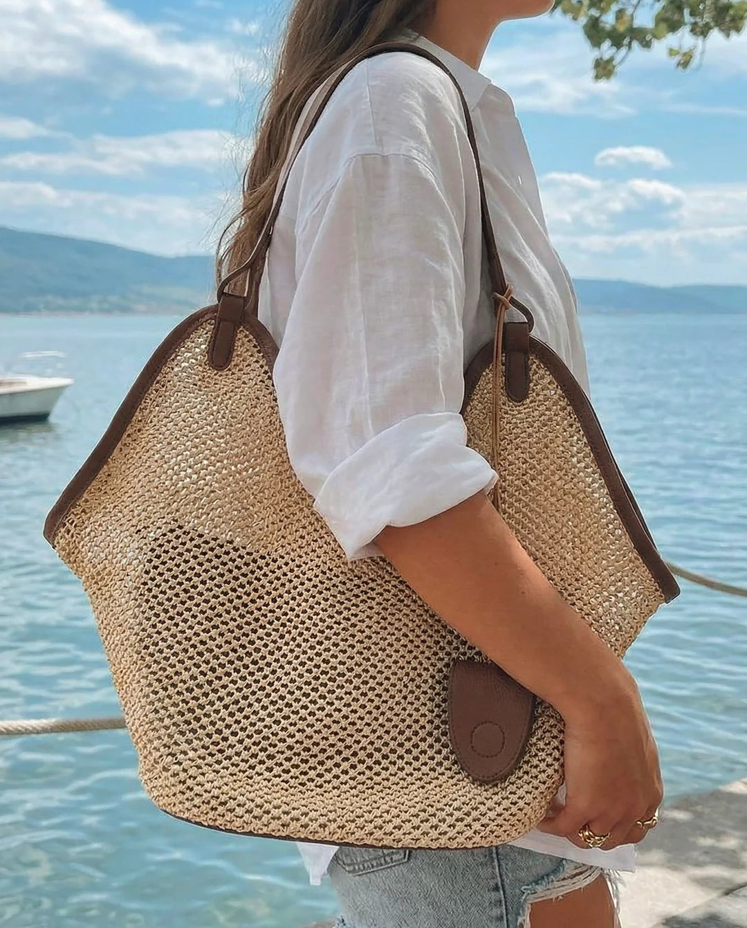 SOLACEBeige Woven Straw Brown Faux Leather Trim Hobo Tote Bag With Inner Pouch