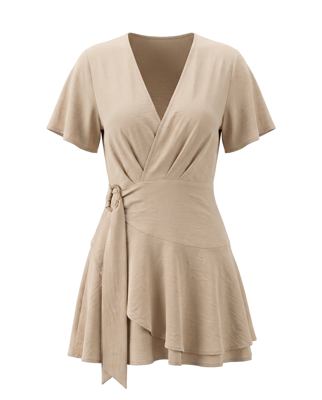 SOLACEBeige Wrap Front Belted Short Sleeve Mini Dress