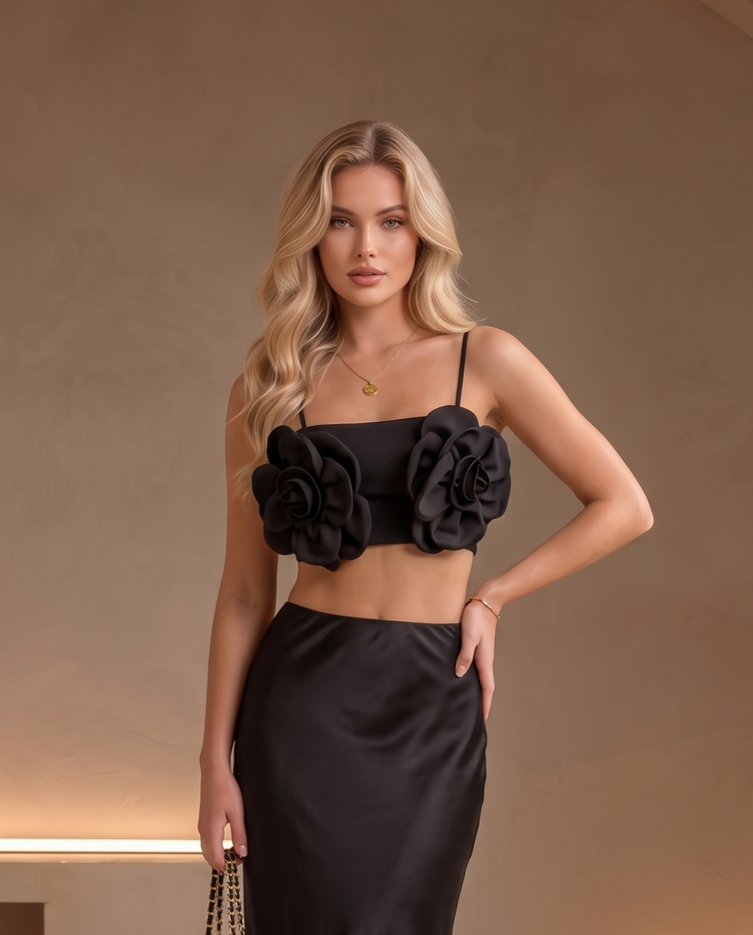 SOLACEBlack 3D Floral Appliques Spaghetti Strap Crop Top