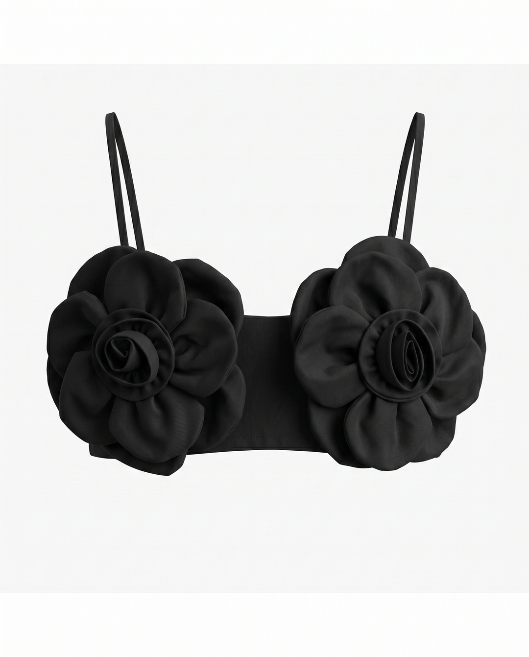 SOLACEBlack 3D Floral Appliques Spaghetti Strap Crop Top