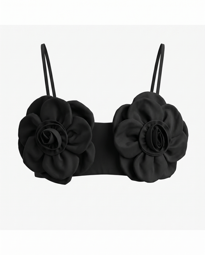 SOLACEBlack 3D Floral Appliques Spaghetti Strap Crop Top