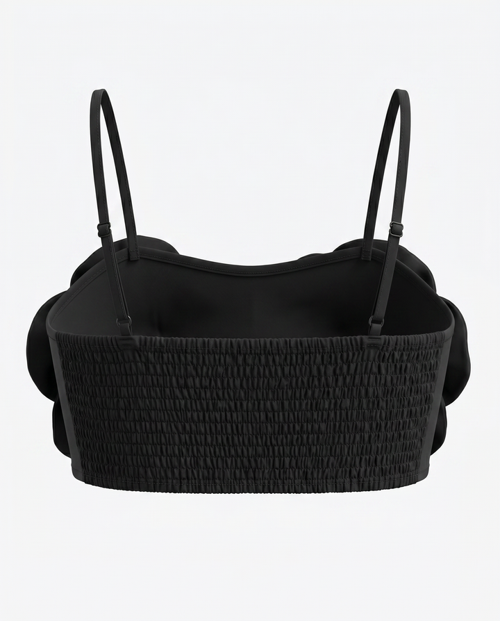 SOLACEBlack 3D Floral Appliques Spaghetti Strap Crop Top