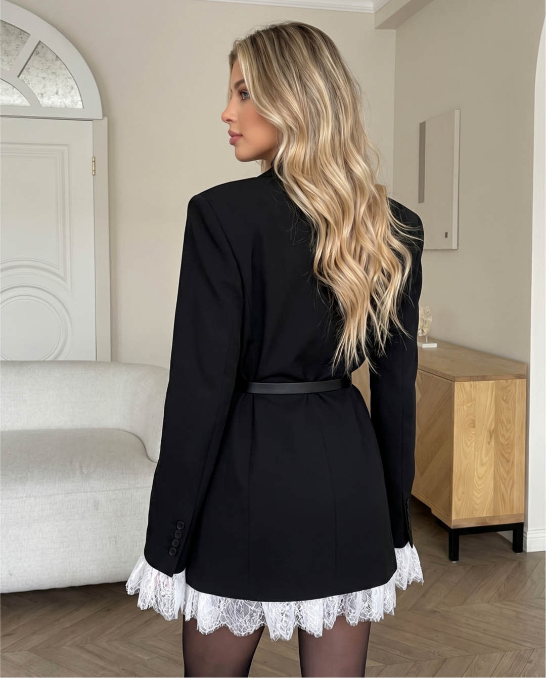 SOLACEBlack Belted Waist Lace Cuff Open Front Tailored Blazer Jacket