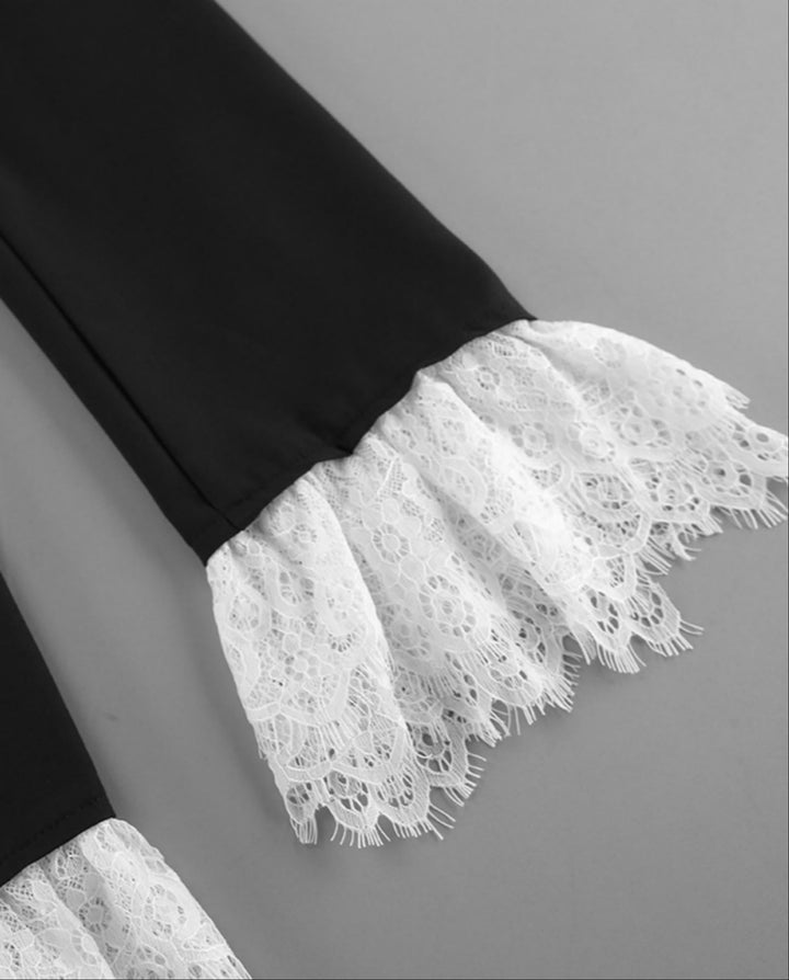 SOLACEBlack Belted Waist Lace Cuff Open Front Tailored Blazer Jacket