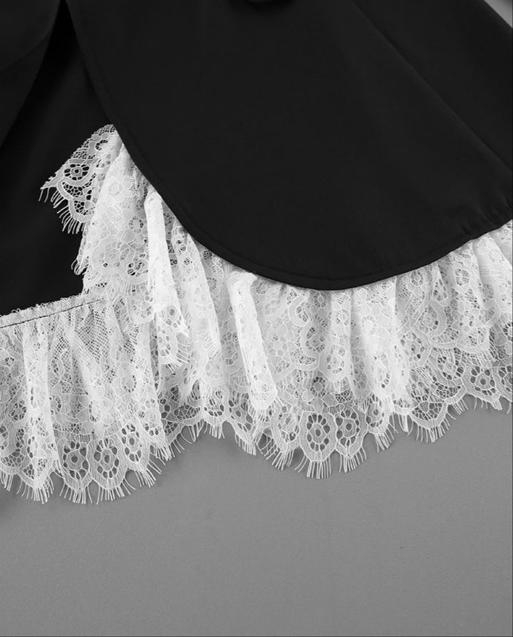 SOLACEBlack Belted Waist Lace Cuff Open Front Tailored Blazer Jacket
