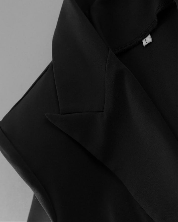 SOLACEBlack Belted Waist Lace Cuff Open Front Tailored Blazer Jacket