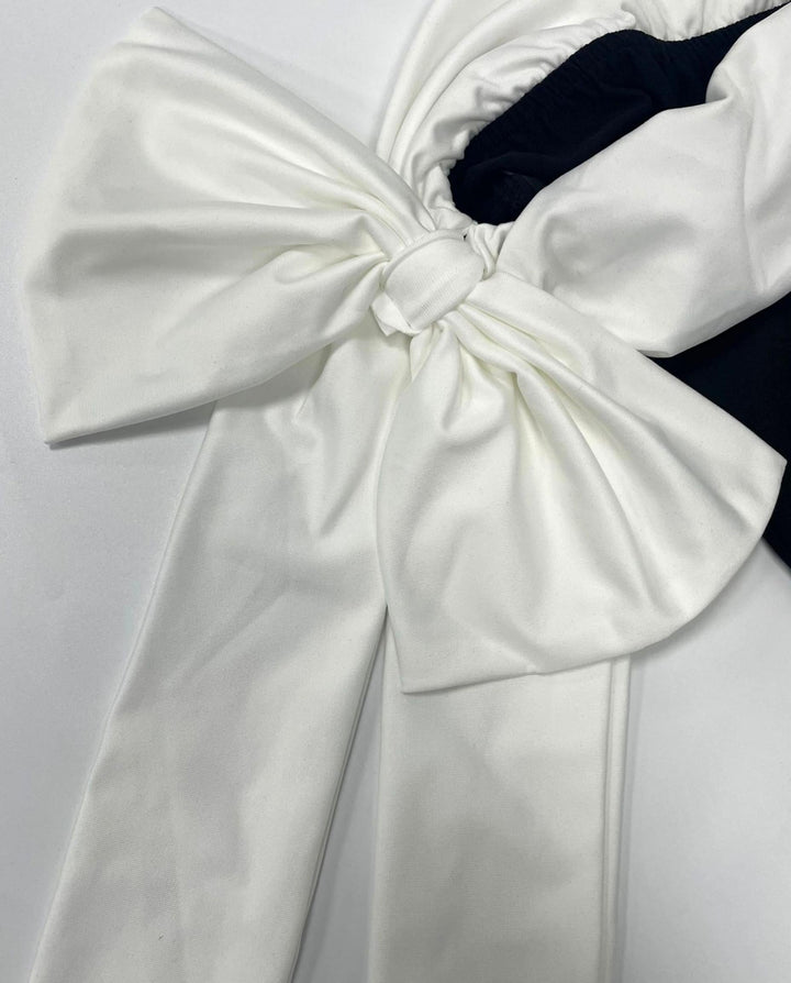 SOLACEBlack Colorblock Off-Shoulder Bow Tie Bodycon Midi Dress