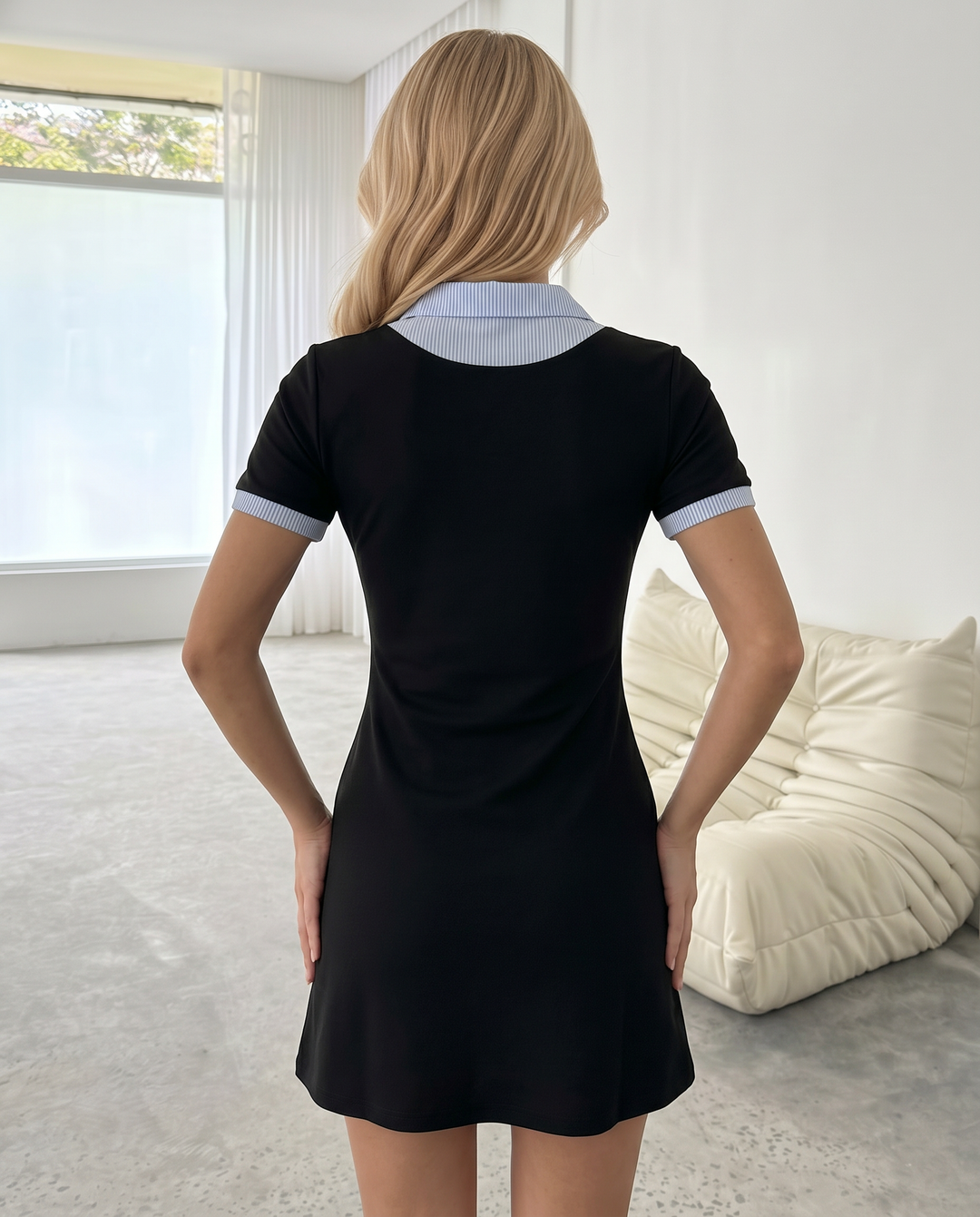 SOLACEBlack Contrast Striped Collar Short Sleeve Mini Dress