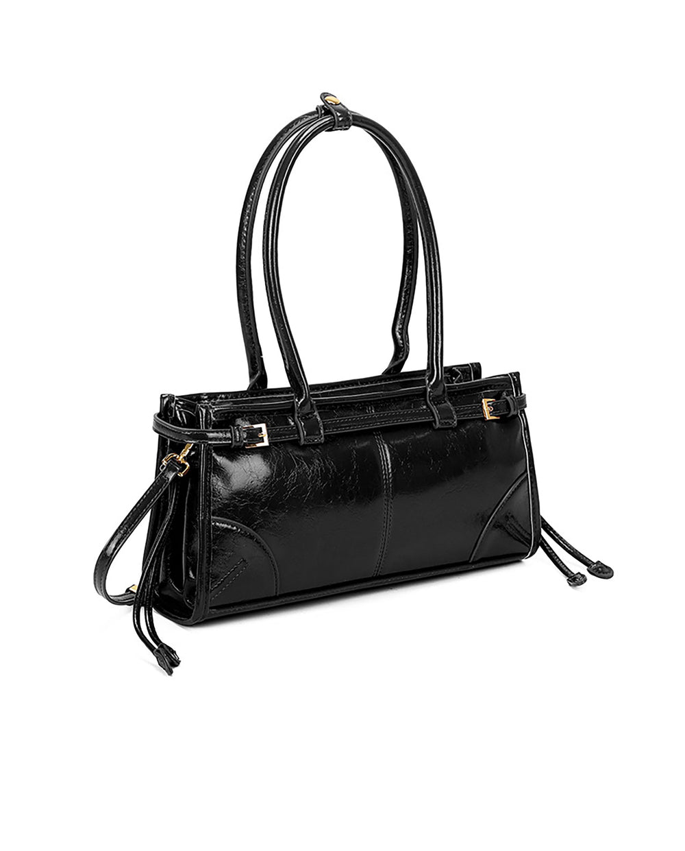 SOLACEBlack Cracked Faux Leather Double Handle Side Buckle Drawstring Rectangular Shoulder Bag