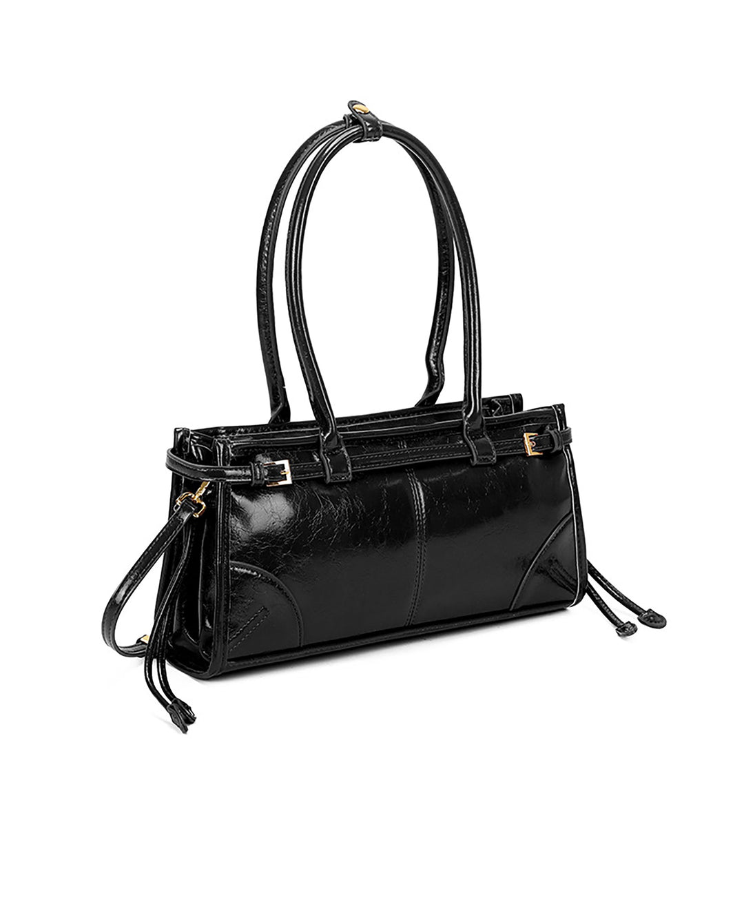 SOLACEBlack Cracked Faux Leather Double Handle Side Buckle Drawstring Rectangular Shoulder Bag