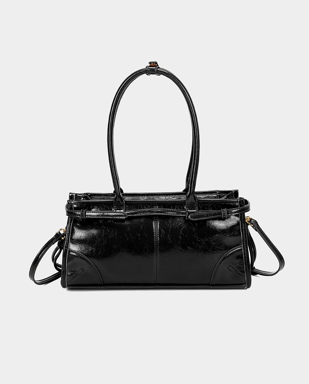 SOLACEBlack Cracked Faux Leather Double Handle Side Buckle Drawstring Rectangular Shoulder Bag