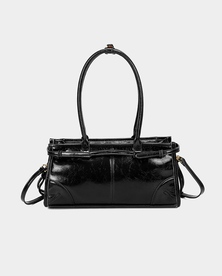 SOLACEBlack Cracked Faux Leather Double Handle Side Buckle Drawstring Rectangular Shoulder Bag