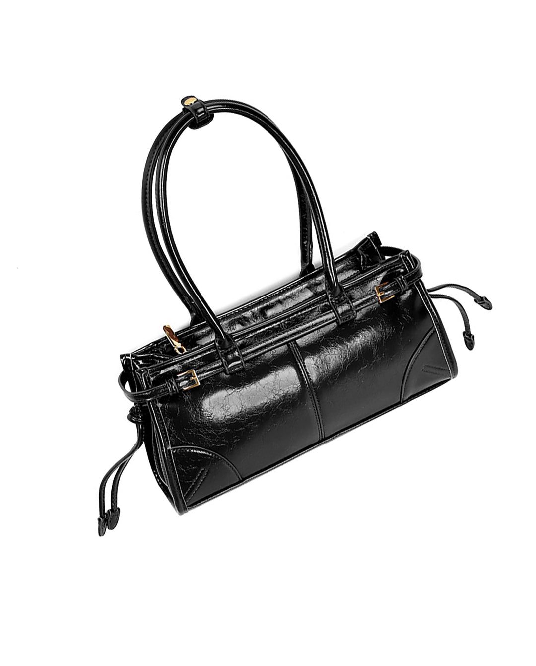 SOLACEBlack Cracked Faux Leather Double Handle Side Buckle Drawstring Rectangular Shoulder Bag
