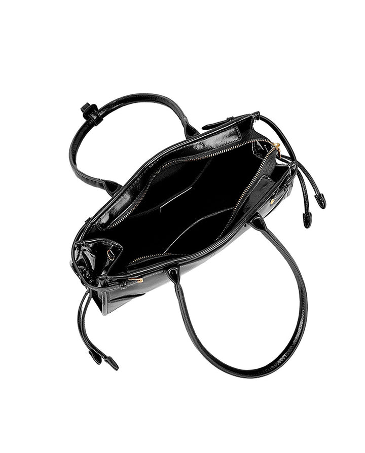 SOLACEBlack Cracked Faux Leather Double Handle Side Buckle Drawstring Rectangular Shoulder Bag