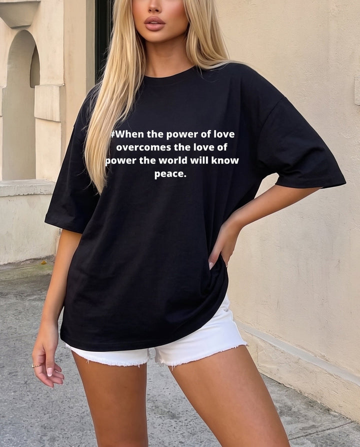 SOLACEBlack Crew Neck Simple Peace Quote Letter Oversized Short Sleeve T-Shirt