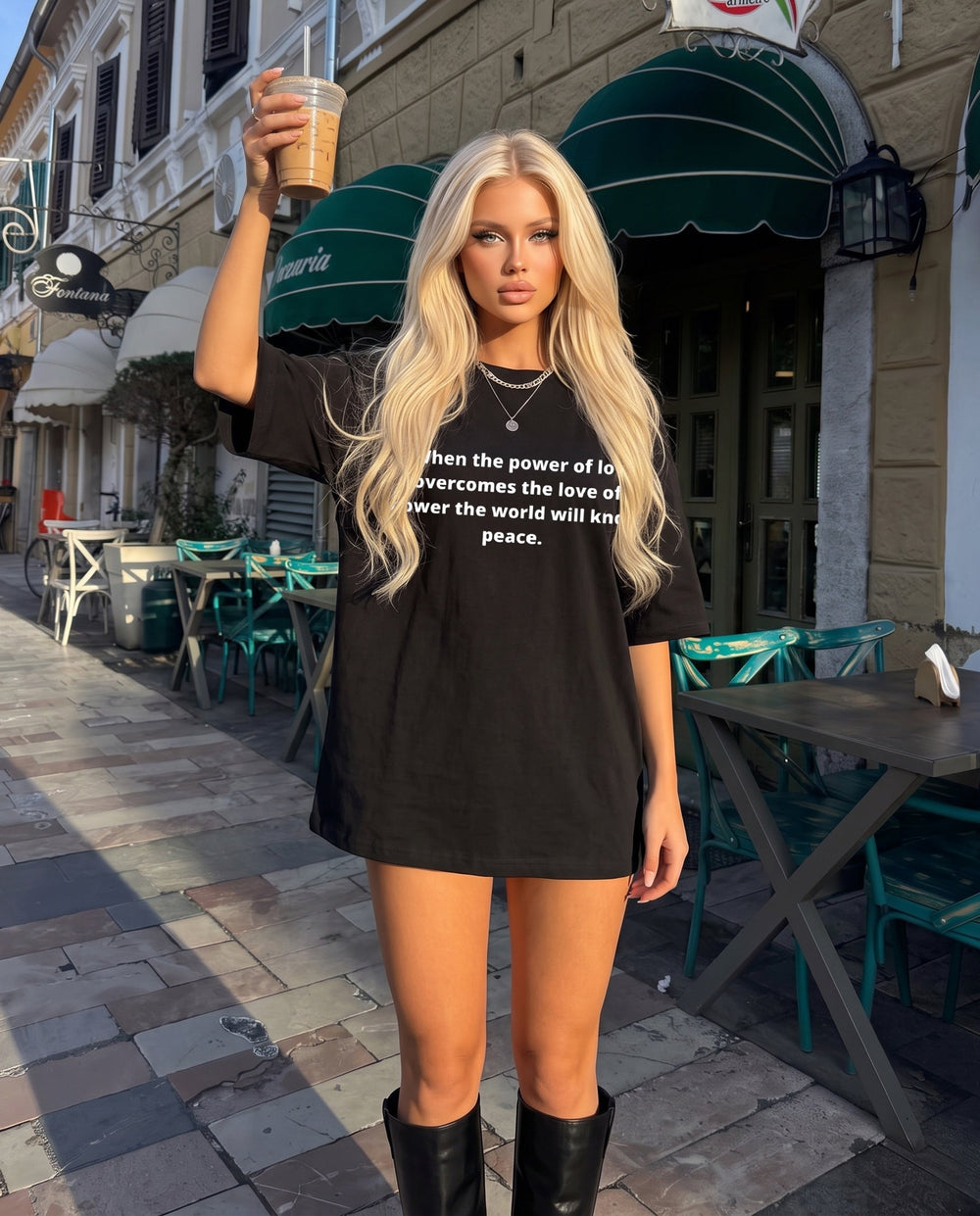 SOLACEBlack Crew Neck Simple Peace Quote Letter Oversized Short Sleeve T-Shirt
