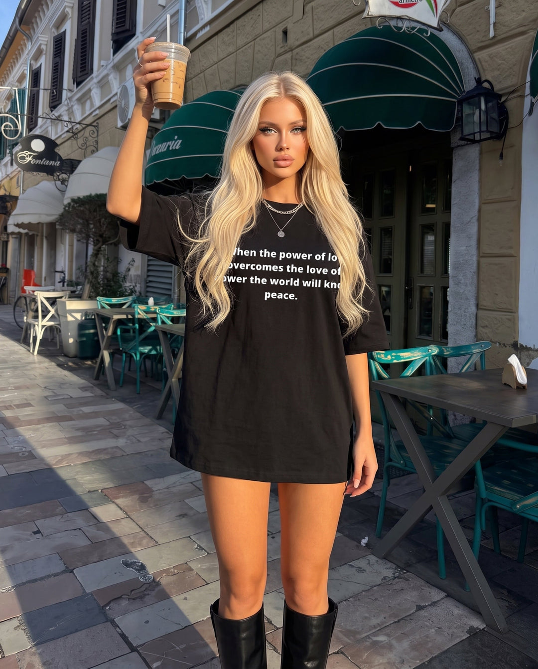 SOLACEBlack Crew Neck Simple Peace Quote Letter Oversized Short Sleeve T-Shirt