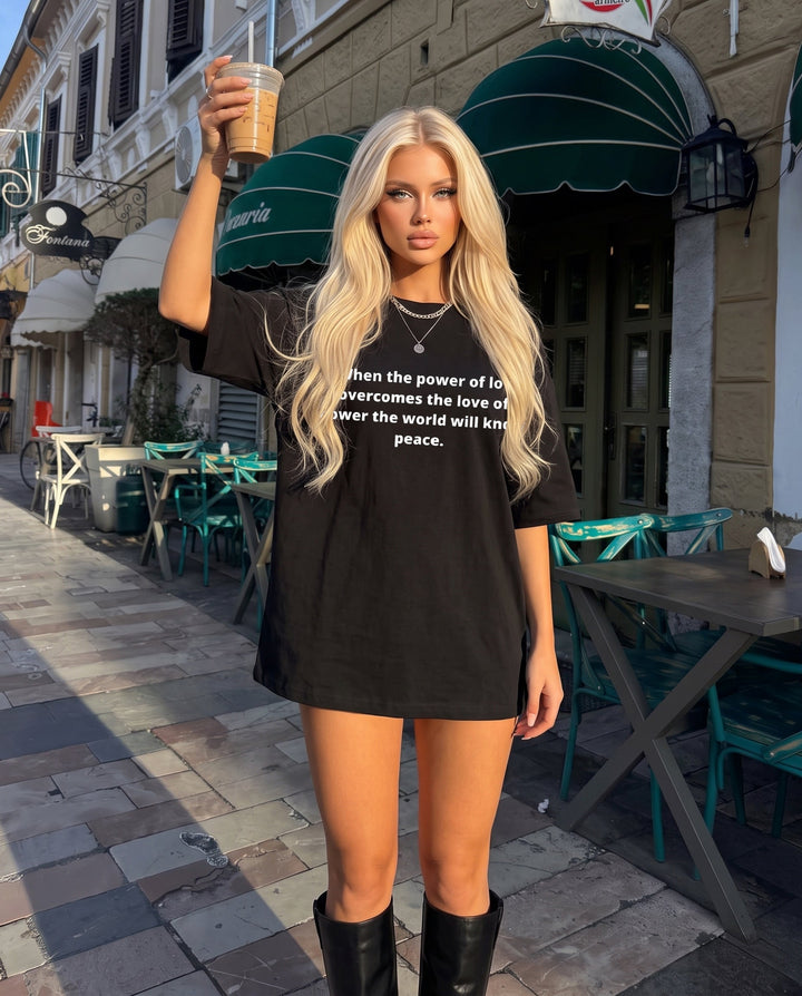 SOLACEBlack Crew Neck Simple Peace Quote Letter Oversized Short Sleeve T-Shirt