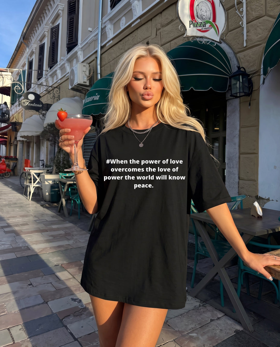SOLACEBlack Crew Neck Simple Peace Quote Letter Oversized Short Sleeve T-Shirt