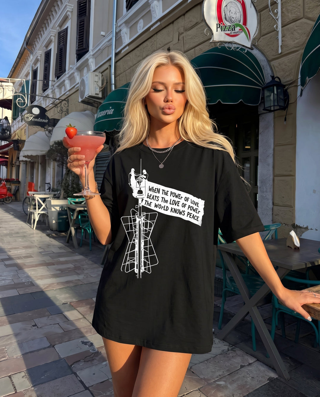 SOLACEBlack Crew Neck Tower Graphic Oversized Short Sleeve T-Shirt