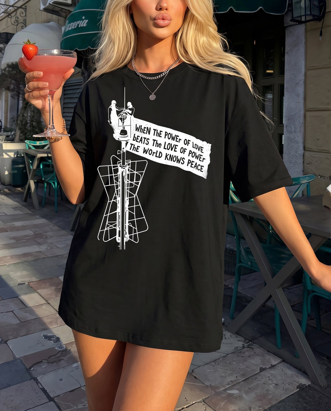 SOLACEBlack Crew Neck Tower Graphic Oversized Short Sleeve T-Shirt