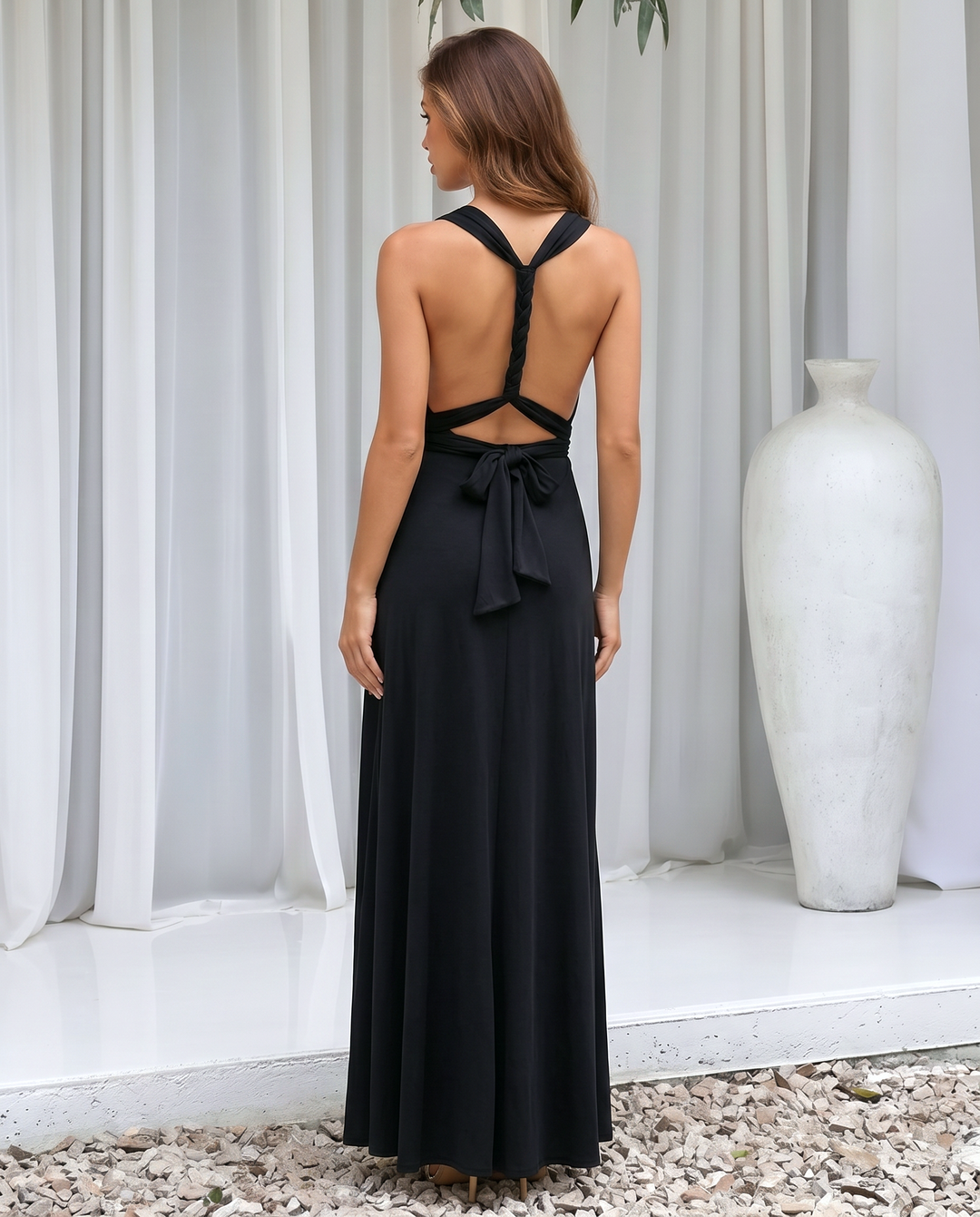 SOLACEBlack Deep V Sleeveless Wrap Waist Side Cutout Maxi Dress