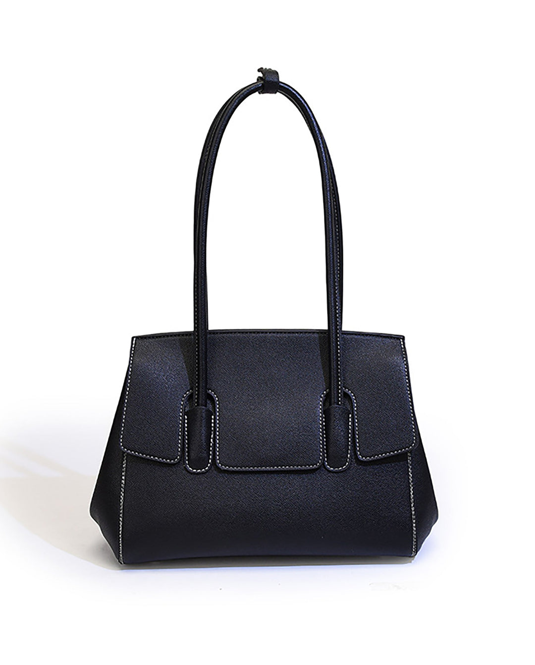 SOLACEBlack Faux Leather Contrast Stitching Double Tab Long Handle Trapezoid Shoulder Handbag