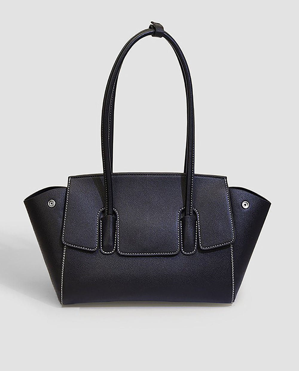 SOLACEBlack Faux Leather Contrast Stitching Double Tab Long Handle Trapezoid Shoulder Handbag