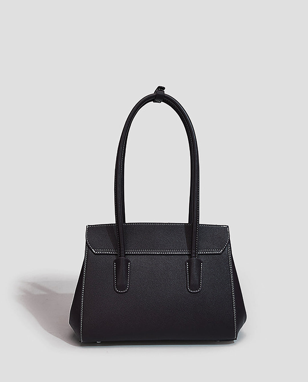 SOLACEBlack Faux Leather Contrast Stitching Double Tab Long Handle Trapezoid Shoulder Handbag