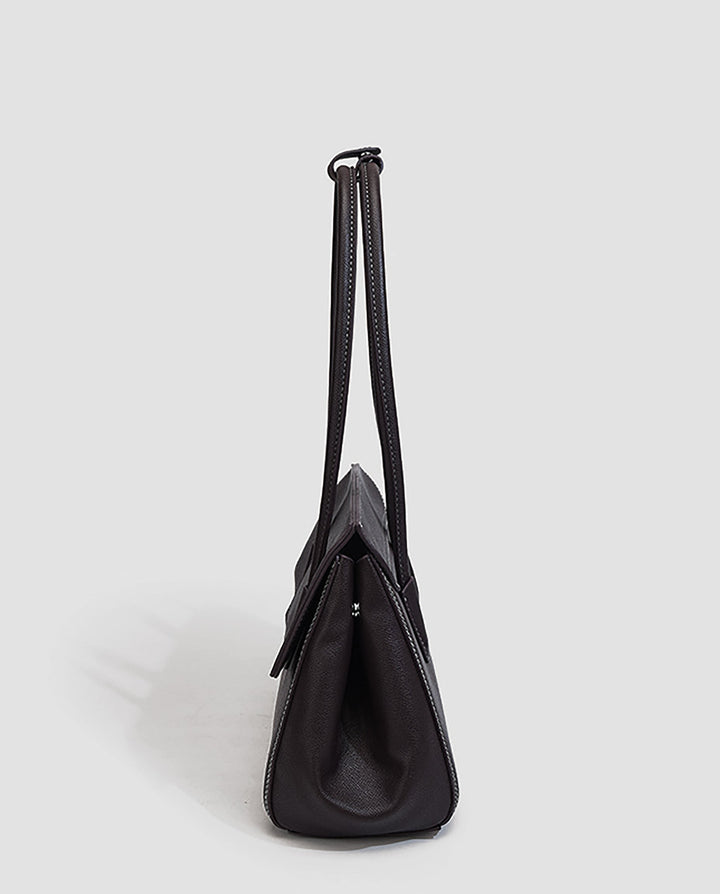 SOLACEBlack Faux Leather Contrast Stitching Double Tab Long Handle Trapezoid Shoulder Handbag