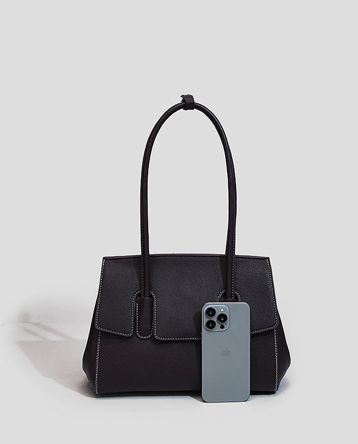 SOLACEBlack Faux Leather Contrast Stitching Double Tab Long Handle Trapezoid Shoulder Handbag