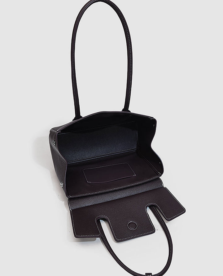SOLACEBlack Faux Leather Contrast Stitching Double Tab Long Handle Trapezoid Shoulder Handbag