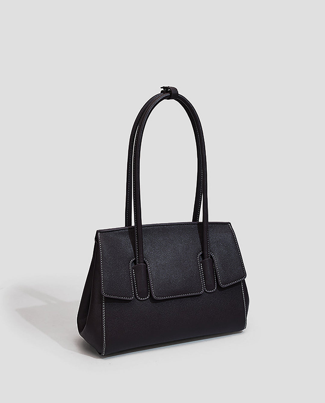 SOLACEBlack Faux Leather Contrast Stitching Double Tab Long Handle Trapezoid Shoulder Handbag