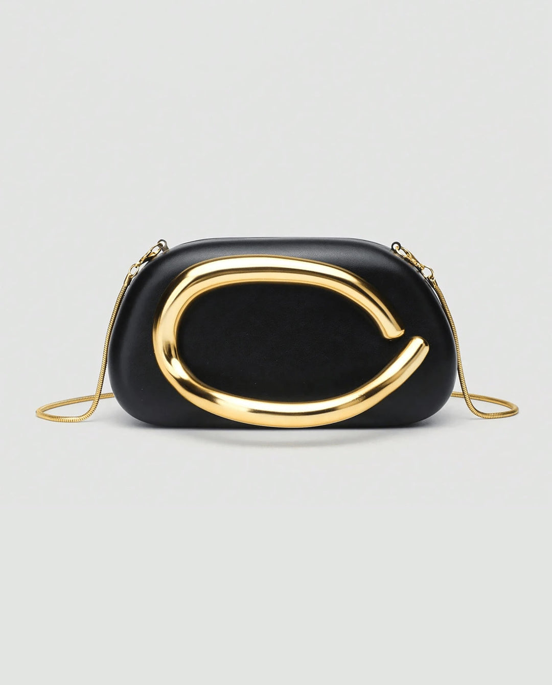 SOLACEBlack Faux Leather Curved Gold Metal Frame Snake Chain Crossbody Clutch Bag