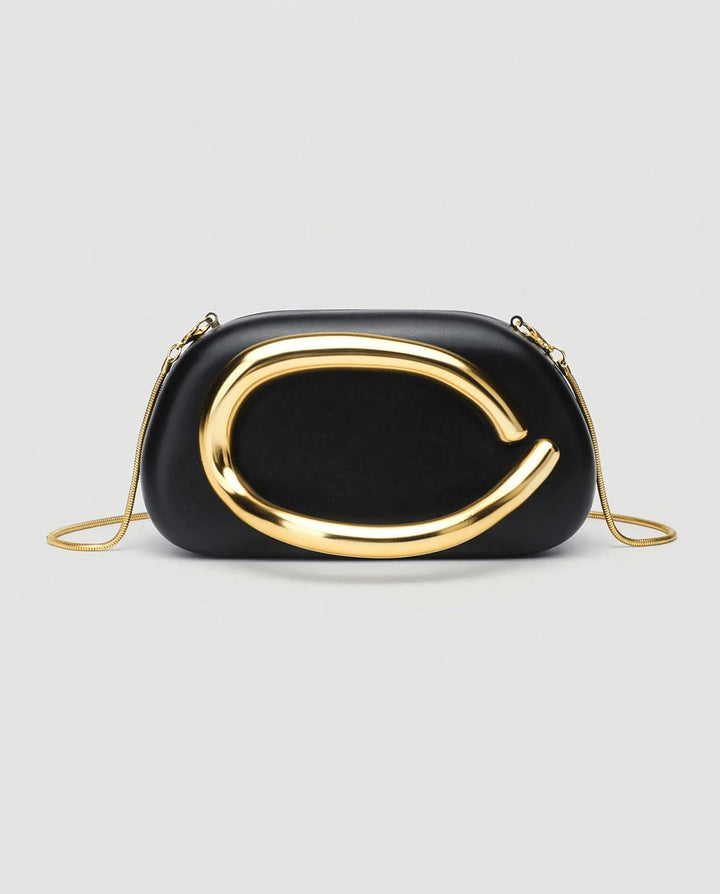 SOLACEBlack Faux Leather Curved Gold Metal Frame Snake Chain Crossbody Clutch Bag